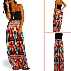 🎄 Boohoo Tall EUC strapless bandeau maxi dress 10 Tall black turquoise redhi